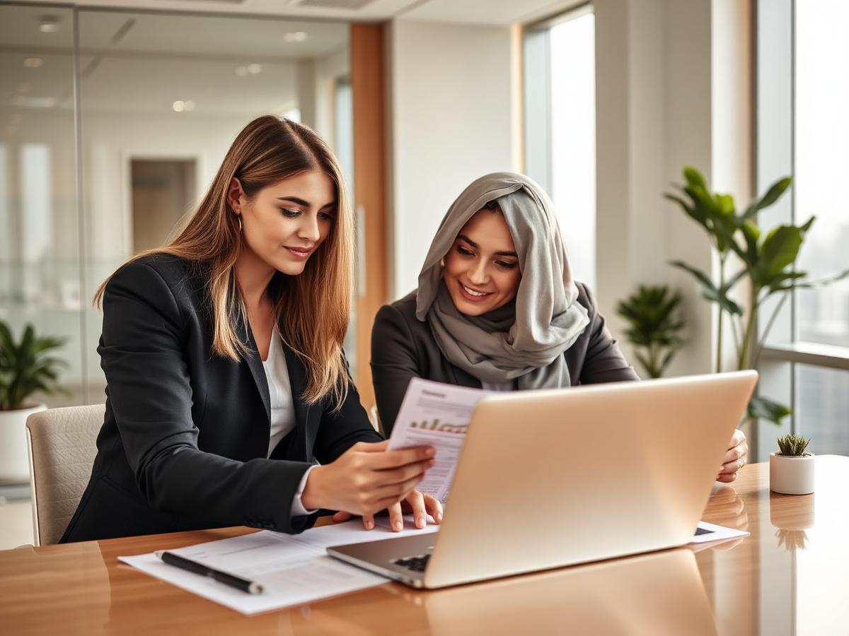 Consultants reviewing financial statements in a Dubai office